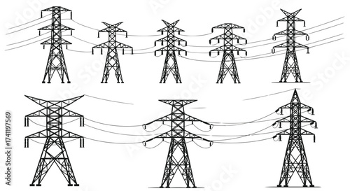 Vector illustration of high voltage power lines and towers, illustrating the network of electricity transmission and distribution across a landscape