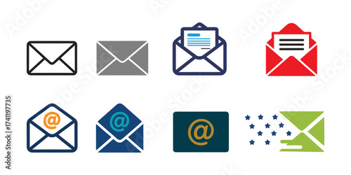 Minimalist email and mail icons in varied styles and colors, representing digital communication, messaging, and modern correspondence tools