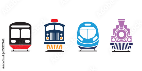 Minimalist train front icons showcasing steam, diesel, metro, and high-speed styles—symbolizing transport evolution and design diversity