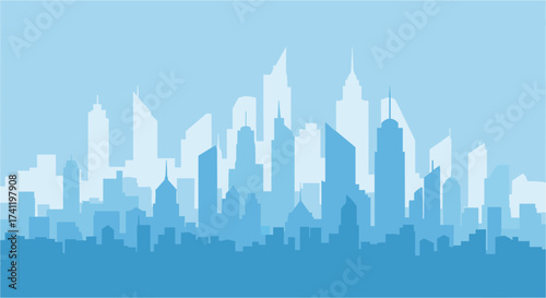 Abstract urban cityscape vector illustration of a city skyline silhouette with skyscrapers reaching the sky at night