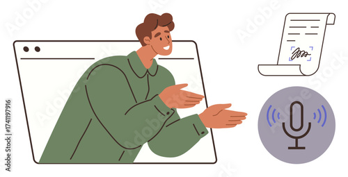Man interacts from browser window, communicating concepts as a digital document floats beside a microphone. Ideal for remote work, communication, technology, education, podcasting, presentations