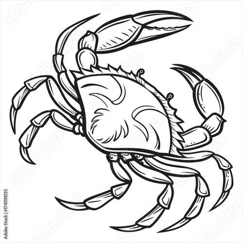 Ocean Warrior, Crab Line Art Vector, Coastal Guardian, Sea Crab Tattoo Design, Marine Life Sketch – Crab, Beachside Creature Illustration, Elegant Crab Outline, Aquatic Art – Crab Vector