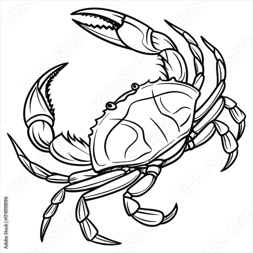 Ocean Warrior, Crab Line Art Vector, Coastal Guardian, Sea Crab Tattoo Design, Marine Life Sketch – Crab, Beachside Creature Illustration, Elegant Crab Outline, Aquatic Art – Crab Vector
