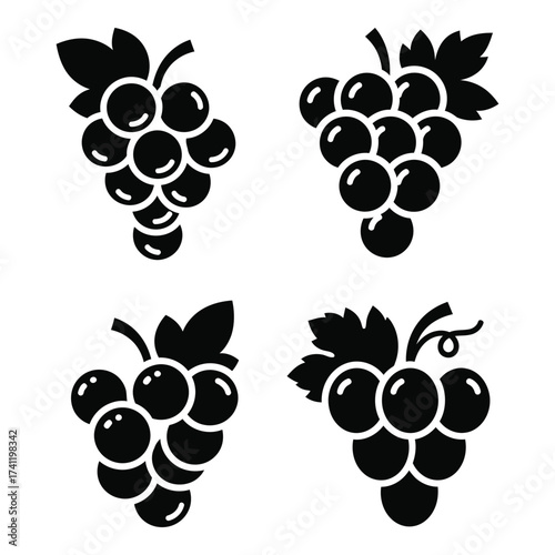 Four stylized black grape clusters symbolizing abundance and harvest for design elements silhouette