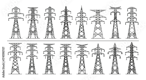 Vector illustration of collection of electricity pylons different power line support towers for energy transmission in various styles and designs