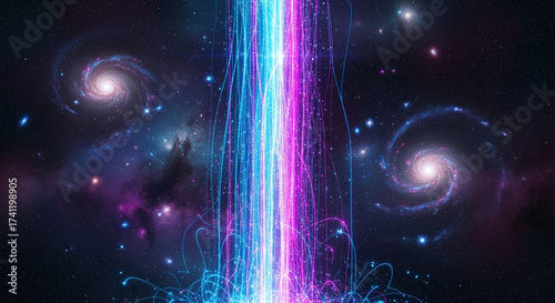 Vibrant Cosmic Energy Beam Intersecting Deep Space, Featuring Galaxies and Brilliant Stars. A Dynamic Representation of Data Flow or Celestial Power.
