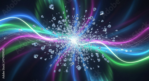 Dynamic Energetic Light Burst with Wavy Neon Trails. Abstract Digital Sparkle Explosion. Radiant Particles and Luminous Waves on Dark.