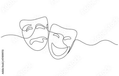 Theater mask tragedy and humor one line continuous line art. Character mask sketch.
