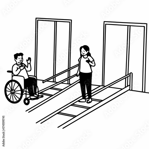 Disability and Accessibility Doodle Vector: Wheelchair User on a Ramp