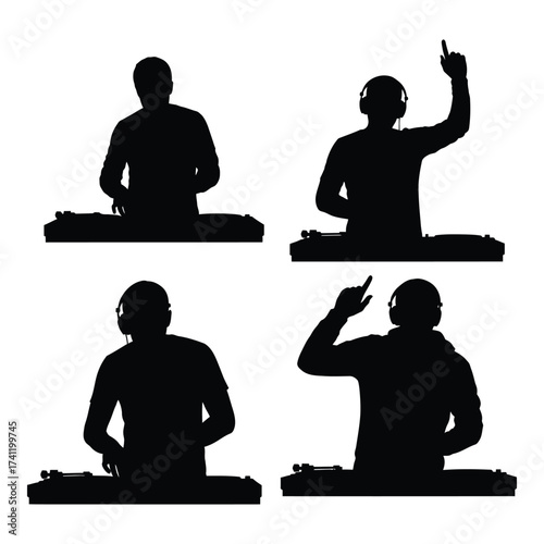 Dynamic dj silhouettes set four poses electronic music party performance artist with headphones at turntables silhouette