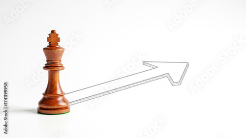 Strategic Vision: Wooden Chess King Casting a Shadow of an Upward Growth Arrow