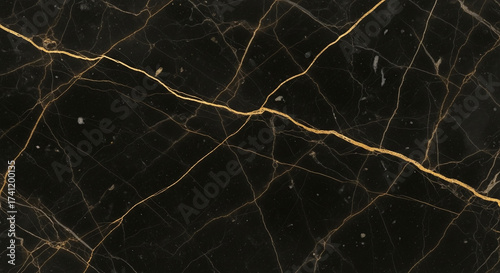 Shimmering Golden Vein Fracturing a Deep Black Polished Stone Surface. Elegant Mineral Texture with Dynamic Light Streaks and Scattered Flecks.