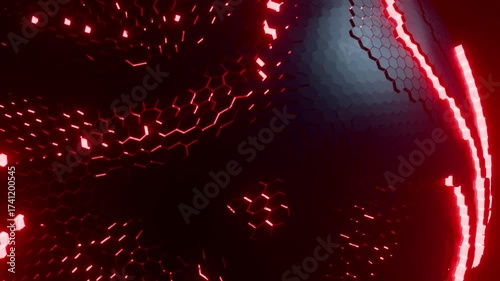  futuristic red hexagon cyber grid sphere with neon light streaks, glowing honeycomb tech background loop