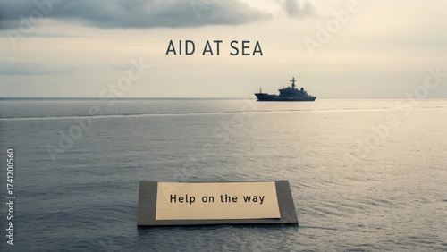 Humanitarian Aid Delivery at Sea with Ship and Messages of Hope