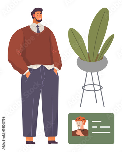 Young man in smart casual attire standing with hands in pockets, accompanied by a potted plant and ID card. Ideal for professionalism, identity, design, workplace, confidence, representation, simple