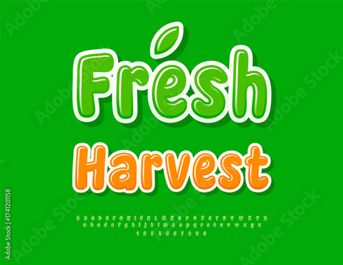 Vector Modern concept Fresh Harvest. Eco Green Font. Glossy Rounded Alphabet Letters and Numbers set.