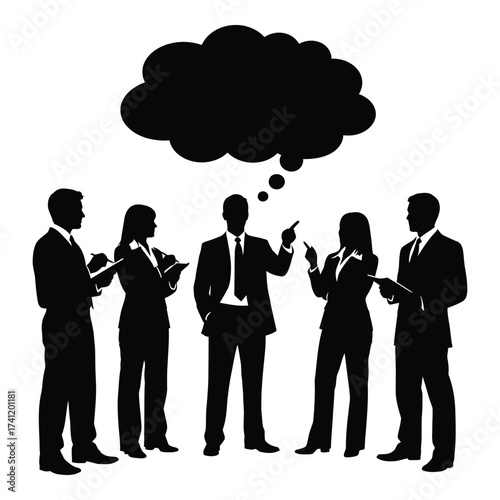 Team brainstorming session silhouette diverse professionals discussing ideas in thought bubble graphic silhouette