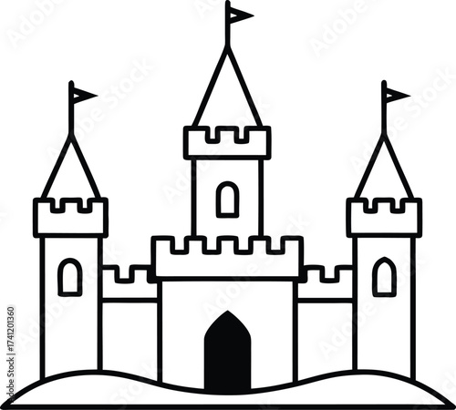 Simple line drawing of a fairytale castle with flags and towers, isolated on white background