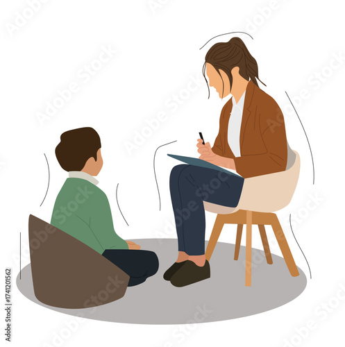 child psychologist. Depressed boy talking to child psychologist about problems, psychotherapy counseling, 