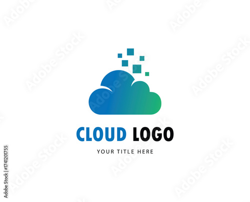 Cloud logo with digital squares isolated on white background featuring data storage, online sync, internet service, abstract computing system, network connection, and backup concept.