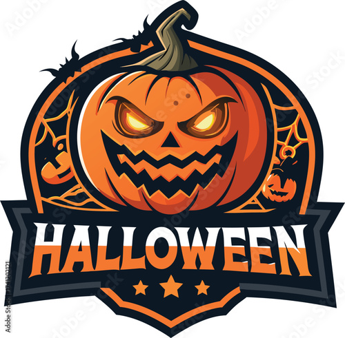 Halloween vector art of an eerie halloween scene with a large, menacing pumpkin in the foreground, surrounded by bats flying against a full moon, creating a spooky and festive atmosphere	
