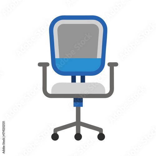 Modern blue and gray ergonomic office chair with wheels and armrests on white background