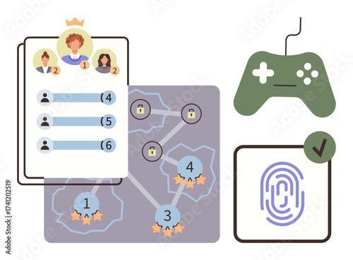 Leaderboard with rankings, gameplay method map with progress locks, gaming controller, and fingerprint access tick. Ideal for gaming, user engagement, leaderboards, authentication, progress tracking