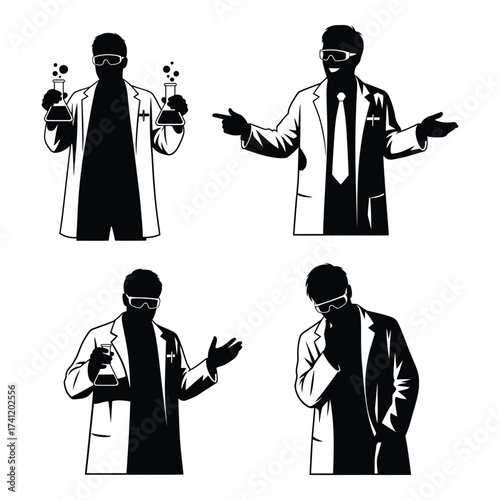 Four silhouette figures of scientists in lab coats posing and gesturing for science and medical research concepts silhouette