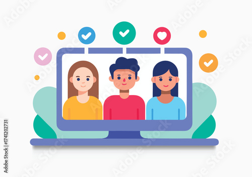 Diverse group of people connected online through a laptop screen with social media icons