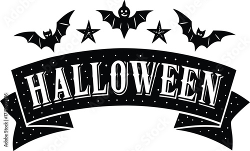 Halloween vector art of halloween themed illustration showcasing a grinning pumpkin, a spider, and a larger spider, all above a banner with the word halloween in a dripping font	
