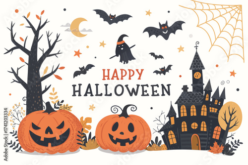 Halloween vector art of halloween themed illustration showcasing a grinning pumpkin, a spider, and a larger spider, all above a banner with the word halloween in a dripping font	

