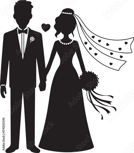 Happy bride and groom holding hands, wedding day celebration.