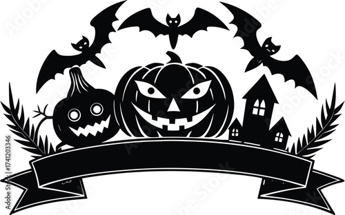 Halloween vector art of halloween themed illustration showcasing a grinning pumpkin, a spider, and a larger spider, all above a banner with the word halloween in a dripping font	
