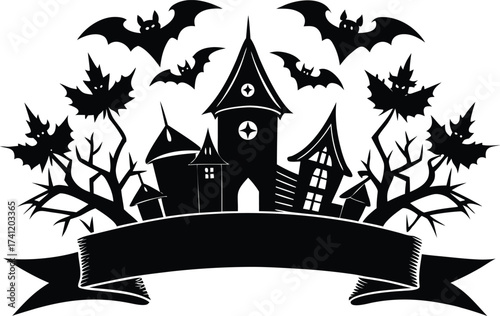 Halloween vector art of halloween themed illustration showcasing a grinning pumpkin, a spider, and a larger spider, all above a banner with the word halloween in a dripping font	
