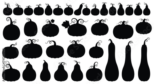 Collection of various carved and uncarved pumpkin silhouettes in a grid layout.