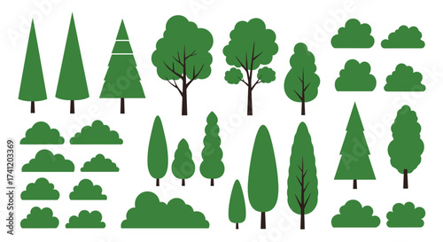 A collection of various green trees and bushes for landscaping projects.