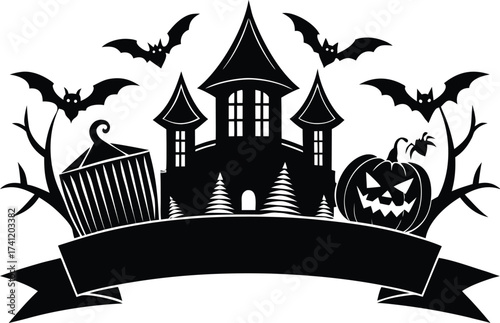 Halloween vector art of halloween themed illustration showcasing a grinning pumpkin, a spider, and a larger spider, all above a banner with the word halloween in a dripping font	
