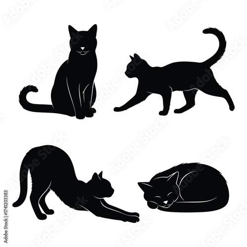 Four silhouette black cat poses for graphic design projects and animal lovers silhouette