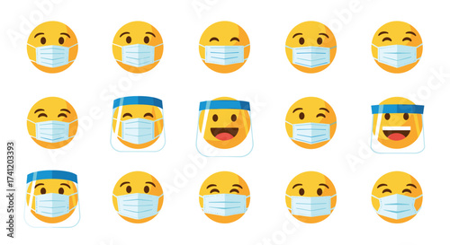 Various cute yellow faces wearing face masks and shields.