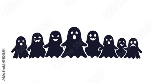 A lineup of spooky ghost characters creating a halloween scene.