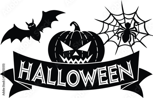 Halloween vector art of halloween themed illustration showcasing a grinning pumpkin, a spider, and a larger spider, all above a banner with the word halloween in a dripping font	

