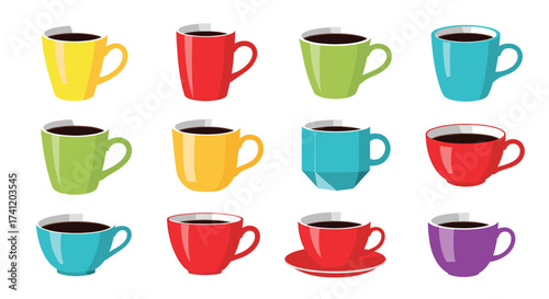 A collection of twelve vibrant coffee mugs filled with dark liquid.