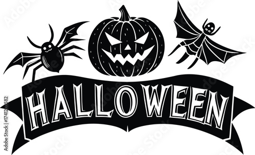 Halloween vector art of halloween themed illustration showcasing a grinning pumpkin, a spider, and a larger spider, all above a banner with the word halloween in a dripping font	
