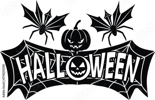 Halloween vector art of halloween themed illustration showcasing a grinning pumpkin, a spider, and a larger spider, all above a banner with the word halloween in a dripping font	
