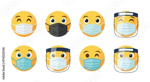 Eight yellow smiley faces wearing different types of face masks and face shields.