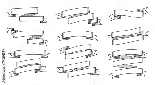 Drawn ribbons and banners collection with dotted outlines and hand drawn style elements.