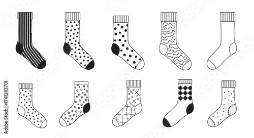 A collection of ten patterned socks displayed in two rows.