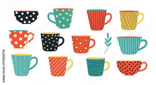 A collection of colorful ceramic mugs with various patterns.