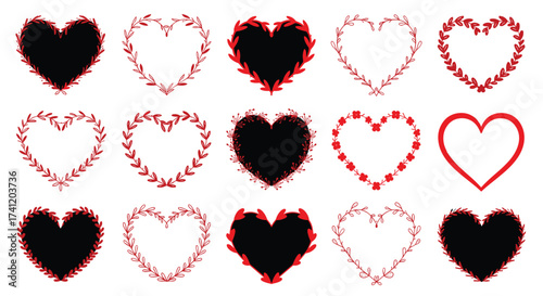 Collection of decorative heart shapes in various styles and filled with red petals.