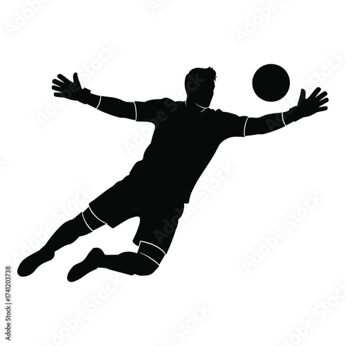 Dynamic silhouette of a soccer goalkeeper making a diving save during a match silhouette